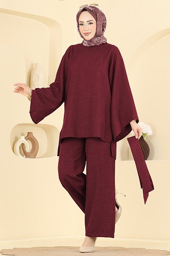 moda selvim Kemer Detaylı 2 li Takım 24048UKBK1160 Bordo - Thumbnail