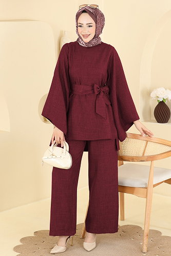 moda selvim Kemer Detaylı 2 li Takım 24048UKBK1160 Bordo - Thumbnail