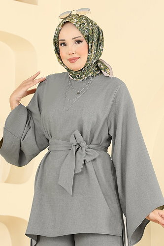 moda selvim Kemer Detaylı 2 li Takım 24048UKBK1160 Gri - Thumbnail