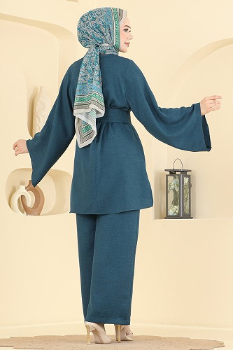moda selvim Kemer Detaylı 2 li Takım 24048UKBK1160 Petrol - Thumbnail