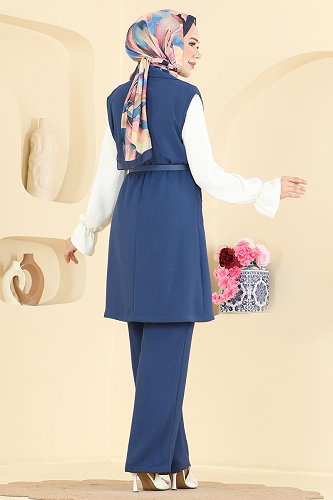 moda selvim Kemer Detaylı 3 lü Takım 2935SL432 İndigo - Thumbnail