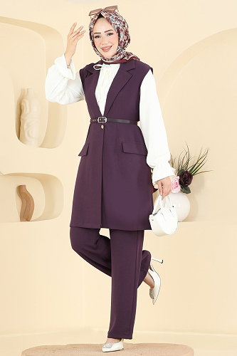 moda selvim Kemer Detaylı 3 lü Takım 2935SL432 Koyu Lila - Thumbnail