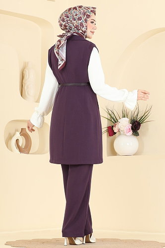 moda selvim Kemer Detaylı 3 lü Takım 2935SL432 Koyu Lila - Thumbnail