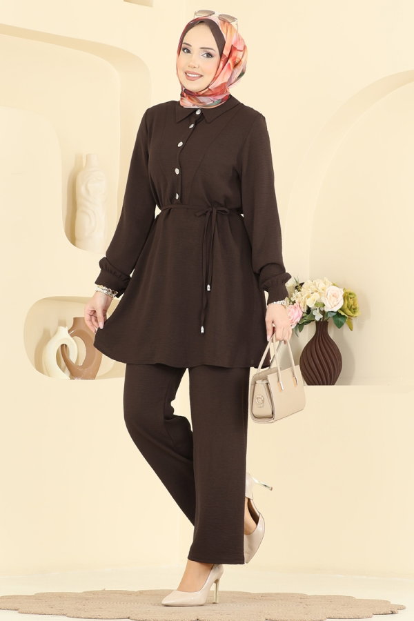 Modaselvim Kombin Kemer Detaylı Aerobin Takım PL9215 Kahve