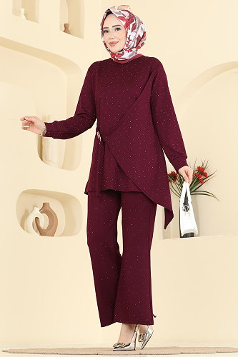 moda selvim Kemer Detaylı Asimetrik Takım 2796AYD574 Bordo - Thumbnail