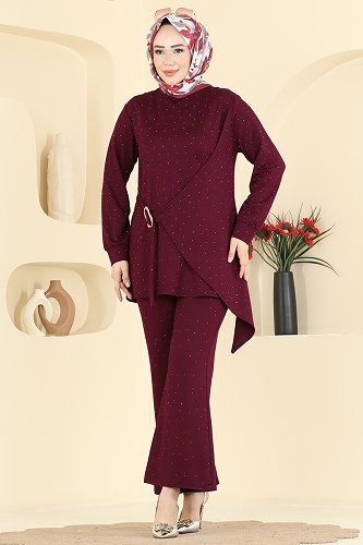 moda selvim Kemer Detaylı Asimetrik Takım 2796AYD574 Bordo - Thumbnail