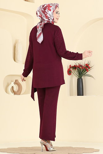 moda selvim Kemer Detaylı Asimetrik Takım 2796AYD574 Bordo - Thumbnail