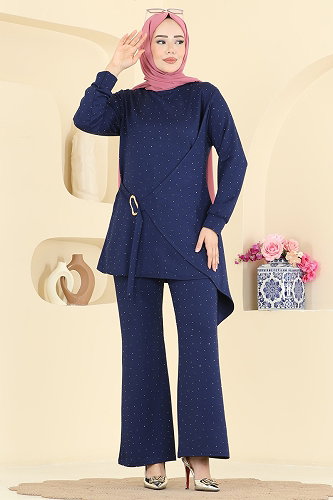 moda selvim Kemer Detaylı Asimetrik Takım 2796AYD574 Laci - Thumbnail