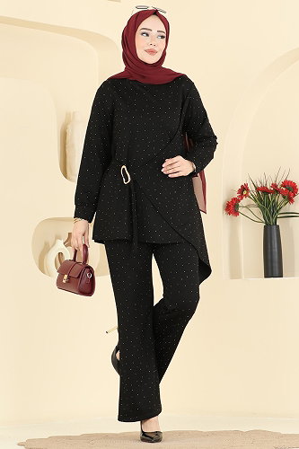 moda selvim Kemer Detaylı Asimetrik Takım 2796AYD574 Siyah - Thumbnail