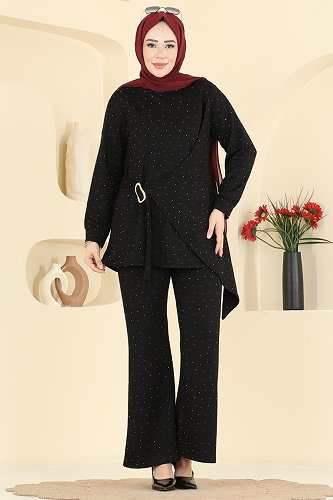 moda selvim Kemer Detaylı Asimetrik Takım 2796AYD574 Siyah - Thumbnail