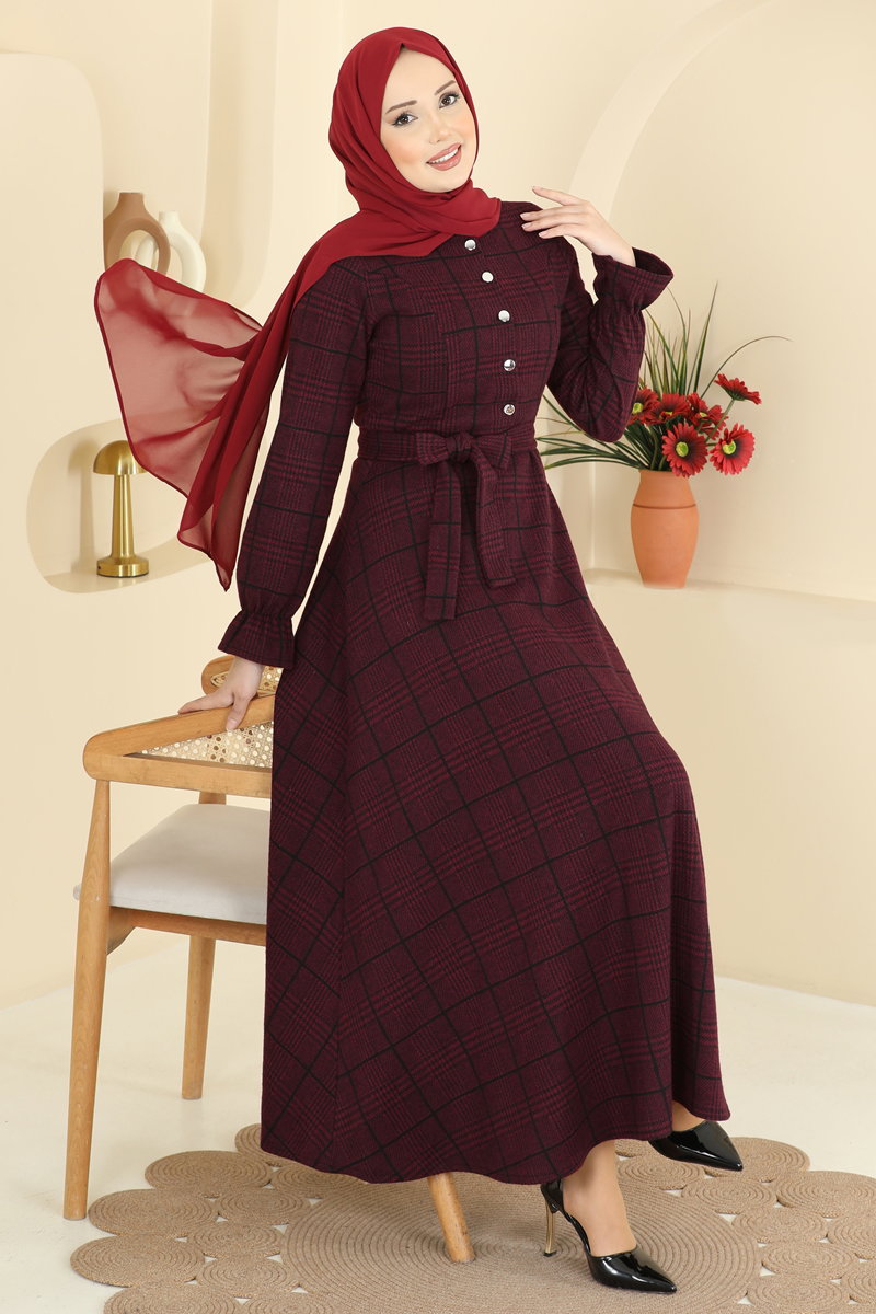 Kemer Detaylı Balıksırtı Elbise 24098UKBK1160 Bordo