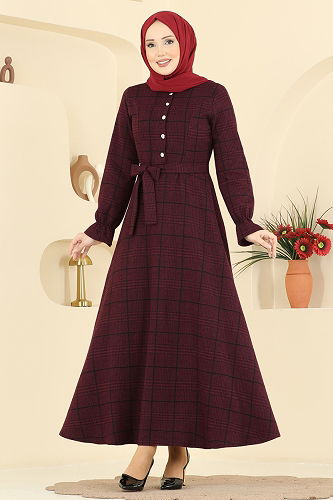 moda selvim Kemer Detaylı Balıksırtı Elbise 24098UKBK1160 Bordo - Thumbnail