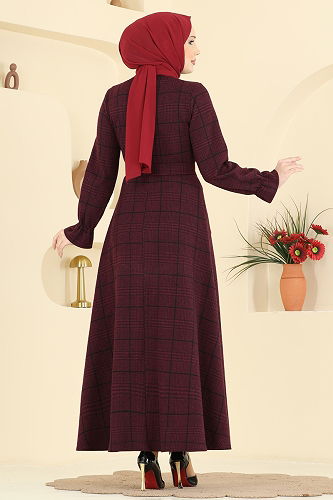 moda selvim Kemer Detaylı Balıksırtı Elbise 24098UKBK1160 Bordo - Thumbnail