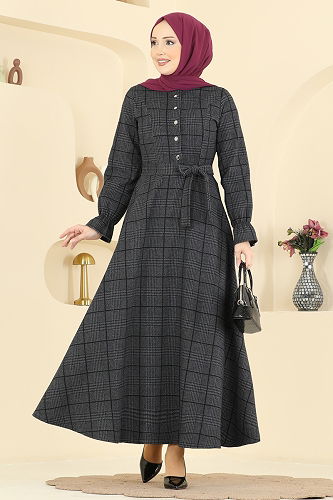 moda selvim Kemer Detaylı Balıksırtı Elbise 24098UKBK1160 Füme - Thumbnail