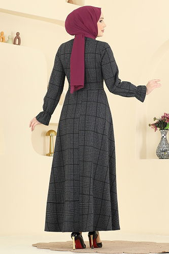 moda selvim Kemer Detaylı Balıksırtı Elbise 24098UKBK1160 Füme - Thumbnail