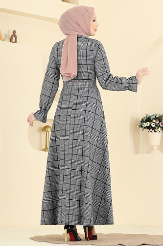 moda selvim Kemer Detaylı Balıksırtı Elbise 24098UKBK1160 Gri - Thumbnail