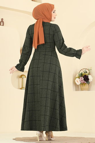 moda selvim Kemer Detaylı Balıksırtı Elbise 24098UKBK1160 Haki - Thumbnail