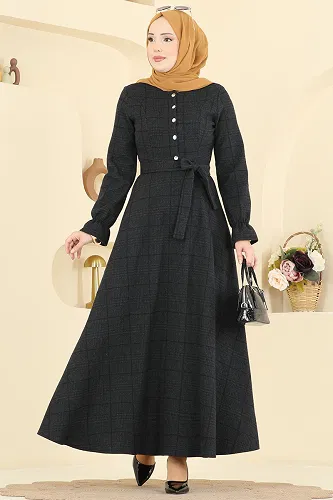 moda selvim Kemer Detaylı Balıksırtı Elbise 24098UKBK1160 Siyah - Thumbnail