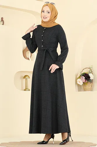 moda selvim Kemer Detaylı Balıksırtı Elbise 24098UKBK1160 Siyah - Thumbnail