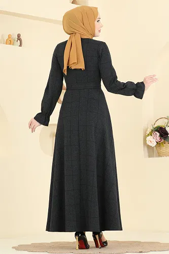 moda selvim Kemer Detaylı Balıksırtı Elbise 24098UKBK1160 Siyah - Thumbnail