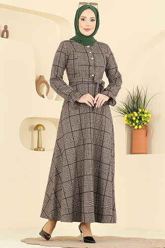 moda selvim Kemer Detaylı Balıksırtı Elbise 24098UKBK1160 Vizyon - Thumbnail