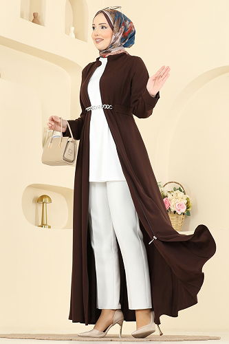 moda selvim Kemer Detaylı Cepli Ferace 2832SL432 Acı Kahve - Thumbnail