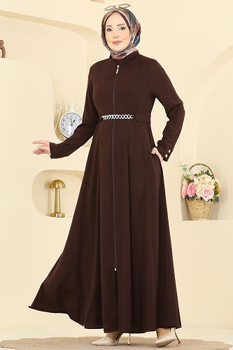 moda selvim Kemer Detaylı Cepli Ferace 2832SL432 Acı Kahve - Thumbnail