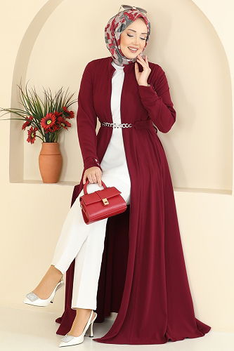 moda selvim Kemer Detaylı Cepli Ferace 2832SL432 Bordo - Thumbnail