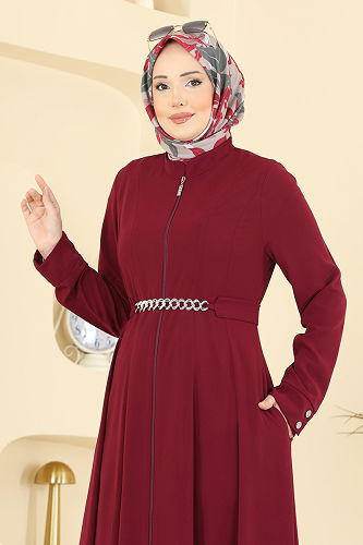 moda selvim Kemer Detaylı Cepli Ferace 2832SL432 Bordo - Thumbnail