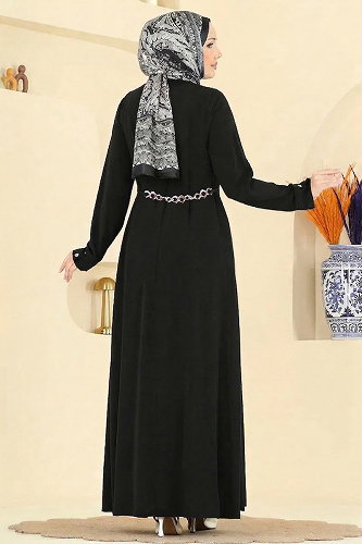 moda selvim Kemer Detaylı Cepli Ferace 2832SL432 Siyah - Thumbnail