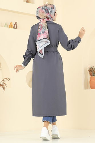moda selvim Kemer Detaylı Cepli Trençkot 2513MSA980 Antrasit - Thumbnail