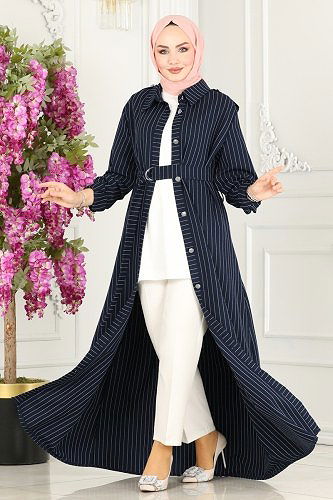 moda selvim Kemer Detaylı Çizgili Elbise 5192AL357 Laci - Thumbnail