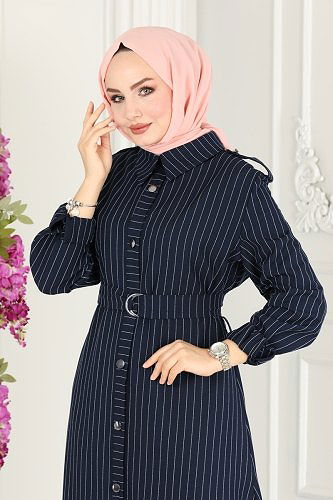 moda selvim Kemer Detaylı Çizgili Elbise 5192AL357 Laci - Thumbnail