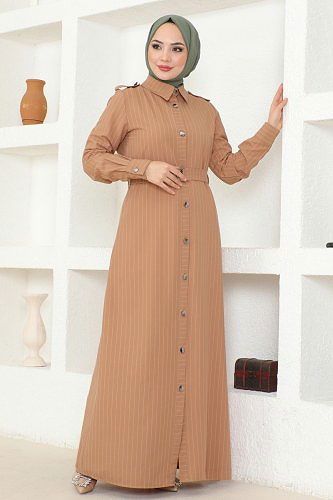 moda selvim Kemer Detaylı Çizgili Elbise 5192AL357 Latte - Thumbnail