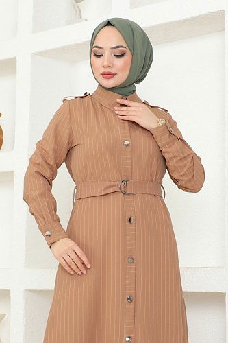 moda selvim Kemer Detaylı Çizgili Elbise 5192AL357 Latte - Thumbnail