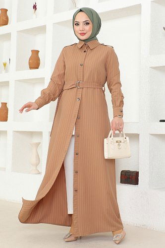 moda selvim Kemer Detaylı Çizgili Elbise 5192AL357 Latte - Thumbnail