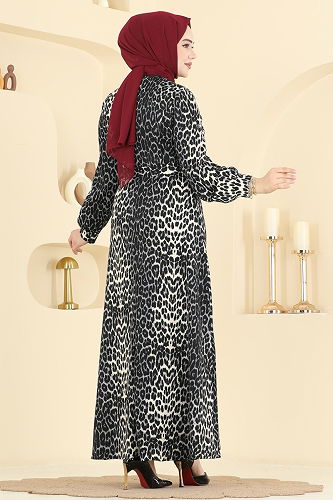 moda selvim Kemer Detaylı Desenli Elbise 7575ERK1158 Desen 1 Siyah - Thumbnail