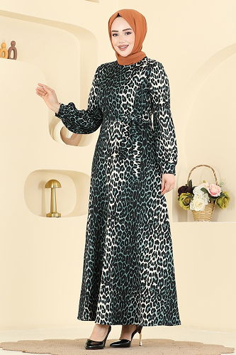 moda selvim Kemer Detaylı Desenli Elbise 7575ERK1158 Desen 1 Zümrüt - Thumbnail