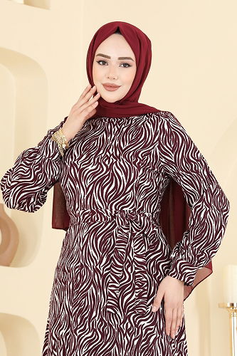 moda selvim Kemer Detaylı Desenli Elbise 7575ERK1158 Desen 2 Bordo - Thumbnail