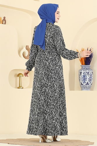 moda selvim Kemer Detaylı Desenli Elbise 7575ERK1158 Desen 2 Siyah - Thumbnail