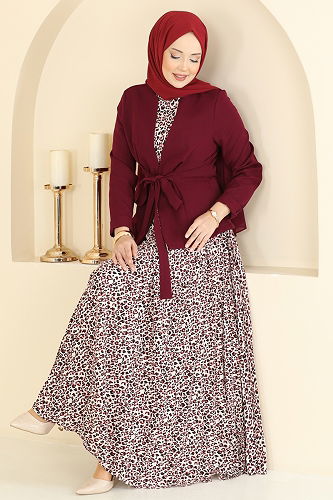 moda selvim Kemer Detaylı Desenli Takım 2820SL432 Bordo - Thumbnail