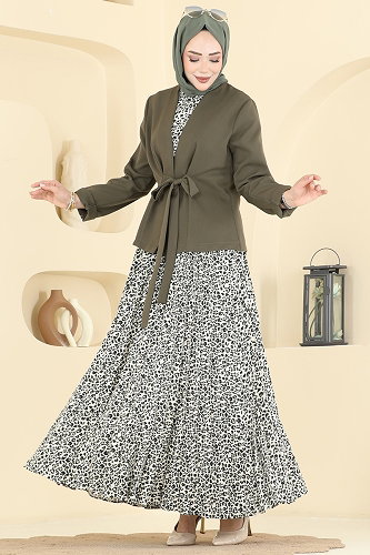 moda selvim Kemer Detaylı Desenli Takım 2820SL432 Haki - Thumbnail