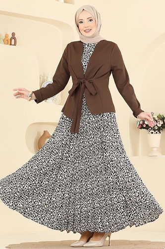 moda selvim Kemer Detaylı Desenli Takım 2820SL432 Kahve - Thumbnail