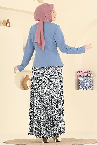 moda selvim Kemer Detaylı Desenli Takım 2820SL432 Mavi - Thumbnail