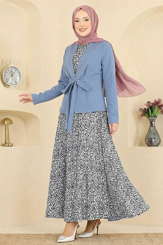 moda selvim Kemer Detaylı Desenli Takım 2820SL432 Mavi - Thumbnail