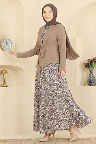 moda selvim Kemer Detaylı Desenli Takım 2820SL432 Vizyon - Thumbnail