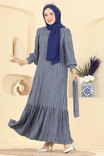 moda selvim Kemer Detaylı Elbise 7172ERK1158 Antrasit - Thumbnail