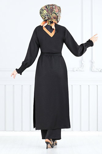 moda selvim Kemer Detaylı İkili Takım 809OZR1047-M Siyah - Thumbnail