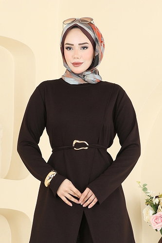 moda selvim Kemer Detaylı Kristal Takım 2798AYD574 Kahve - Thumbnail