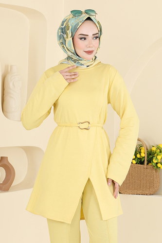 moda selvim Kemer Detaylı Kristal Takım 2798AYD574 Sarı - Thumbnail